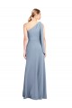 Fumo Azul Crepe Esticado Bainha Um Ombro Longo Formais Vestidos de Madrinha / Vestidos de Noite / Vestidos de Festa Acessíveis
