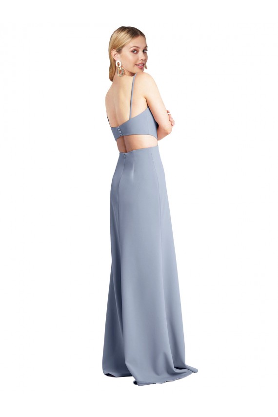 Fumo Azul Linha A Alças finas Crepe Esticado Longo Vestidos de Madrinha / Vestidos de Festa Acessíveis