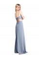 Fumo Azul Linha A Alças finas Crepe Esticado Longo Vestidos de Madrinha / Vestidos de Festa Acessíveis