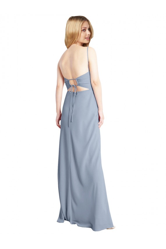 Fumo Azul Linha A Decote Quadrado Crepe Esticado Longo Vestidos de Madrinha / Vestidos de Festa Acessíveis