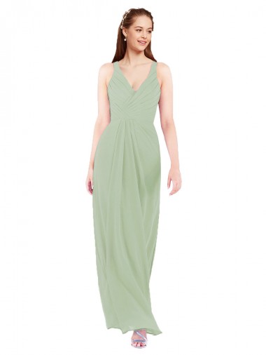Fumo Verde Bainha Decote V Chiffon Longo Vestidos de Madrinha
