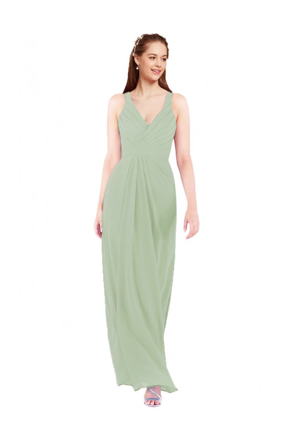 Fumo Verde Bainha Decote V Chiffon Longo Vestidos de Madrinha Acessíveis