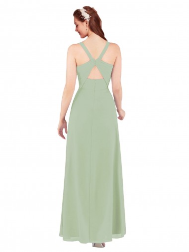 Fumo Verde Bainha Decote V Chiffon Longo Vestidos de Madrinha