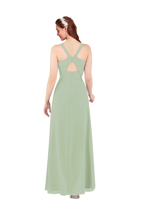 Fumo Verde Bainha Decote V Chiffon Longo Vestidos de Madrinha Acessíveis