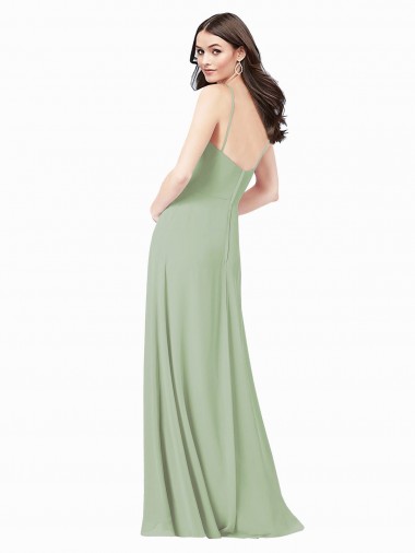 Fumo Verde Chiffon Linha A Alças finas Longo Vestidos de Madrinha