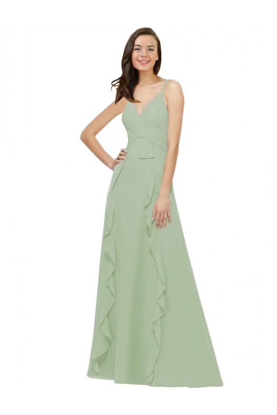 Fumo Verde Chiffon Linha A Decote V Longo Vestidos de Madrinha Acessíveis