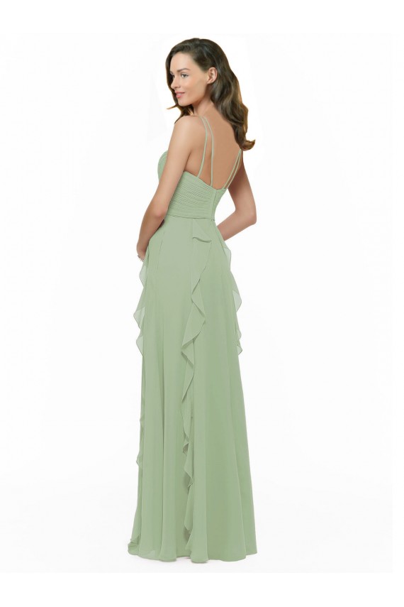 Fumo Verde Chiffon Linha A Decote V Longo Vestidos de Madrinha Acessíveis