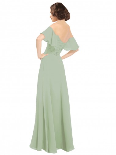 Fumo Verde Chiffon Linha A Fora do Ombro Longo Vestidos de Madrinha
