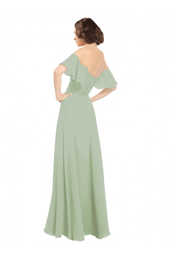 Fumo Verde Chiffon Linha A Fora do Ombro Longo Vestidos de Madrinha Acessíveis