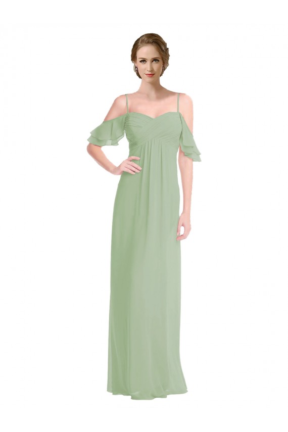 Fumo Verde Chiffon Linha A Lombar Alças finas Longo Vestidos de Madrinha Acessíveis