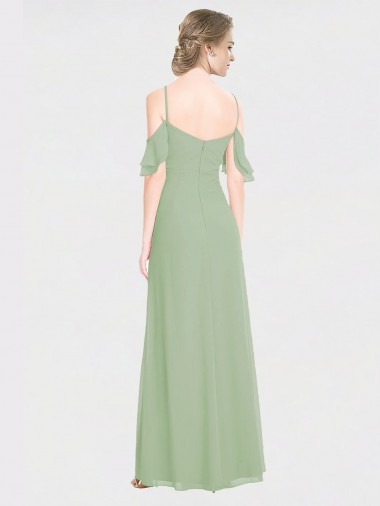 Fumo Verde Chiffon Linha A Lombar Alças finas Longo Vestidos de Madrinha