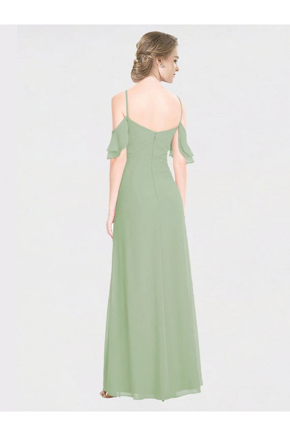 Fumo Verde Chiffon Linha A Lombar Alças finas Longo Vestidos de Madrinha Acessíveis