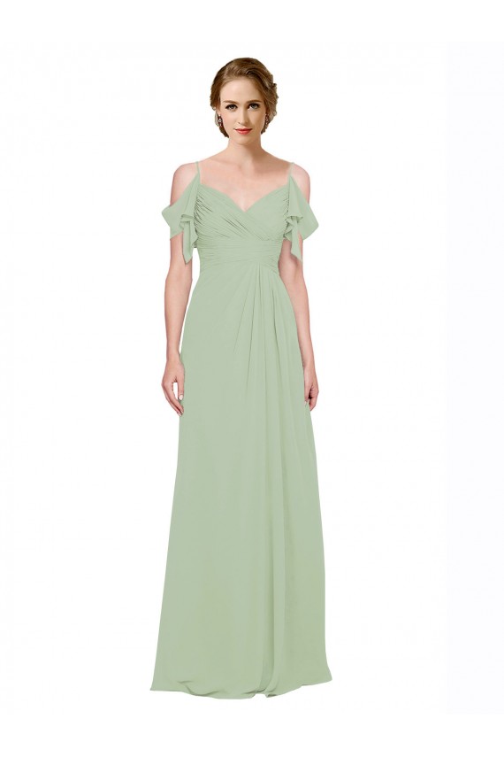 Fumo Verde Chiffon Linha A Lombar Amor Longo Vestidos de Madrinha Acessíveis