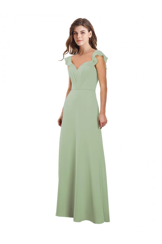 Fumo Verde Chiffon Linha A Mangas Curtas Amor Longo Vestidos de Madrinha Acessíveis