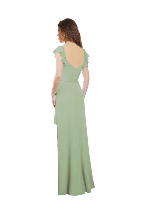 Fumo Verde Chiffon Linha A Mangas Curtas Amor Longo Vestidos de Madrinha Acessíveis