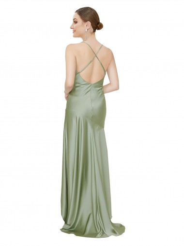 Fumo Verde Linha A Decote Capuz Alto Baixo Cetim Sedoso Longo Alto Baixo Formais Vestidos de Madrinha / Vestidos de Festa