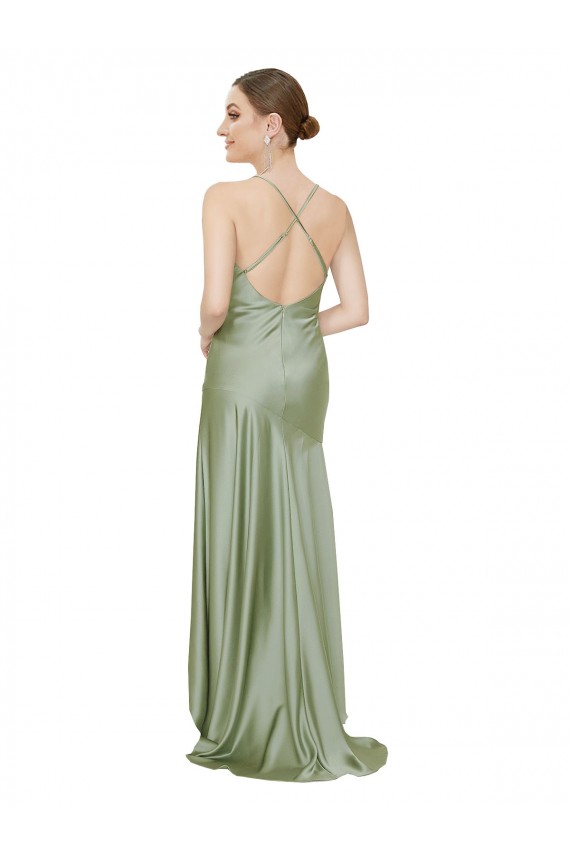 Fumo Verde Linha A Decote Capuz Alto Baixo Cetim Sedoso Longo Alto Baixo Formais Vestidos de Madrinha / Vestidos de Festa