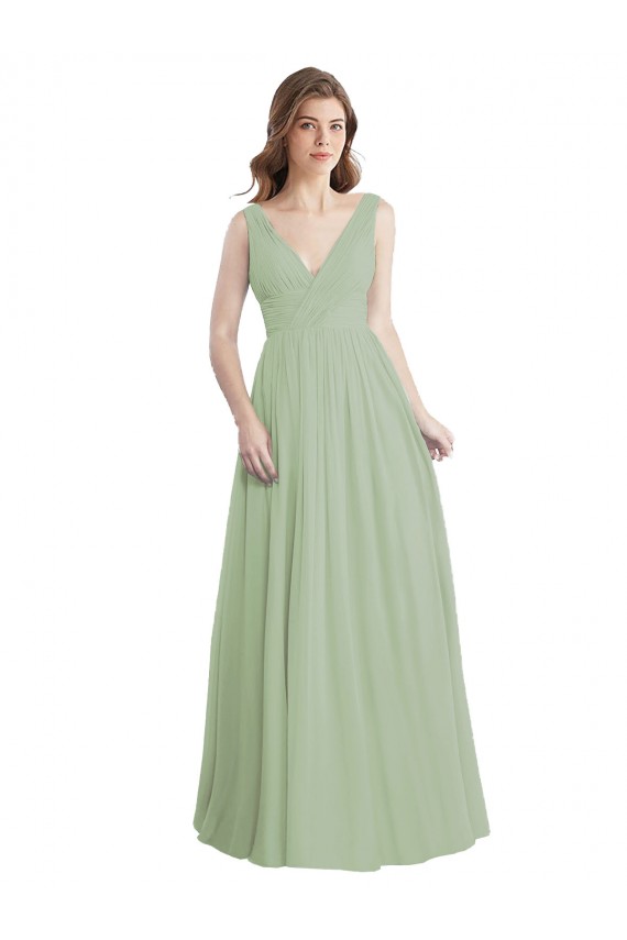 Fumo Verde Linha A Decote V Chiffon Longo Vestidos de Madrinha Acessíveis