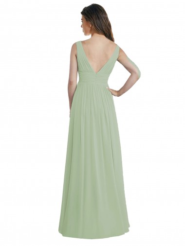 Fumo Verde Linha A Decote V Chiffon Longo Vestidos de Madrinha
