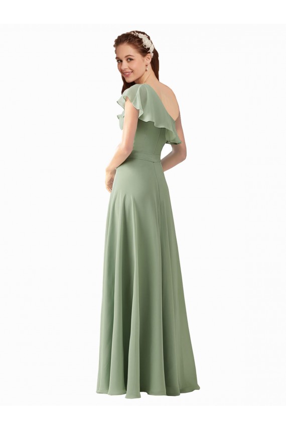 Fumo Verde Linha A Um Ombro Chiffon Longo Vestidos de Madrinha Acessíveis