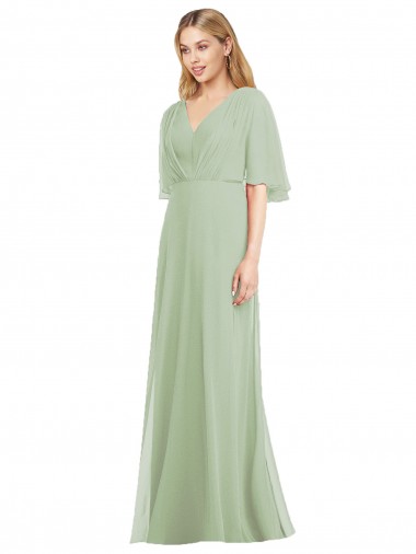 Fumo Verde Trombeta Decote V Chiffon Longo Vestidos de Madrinha