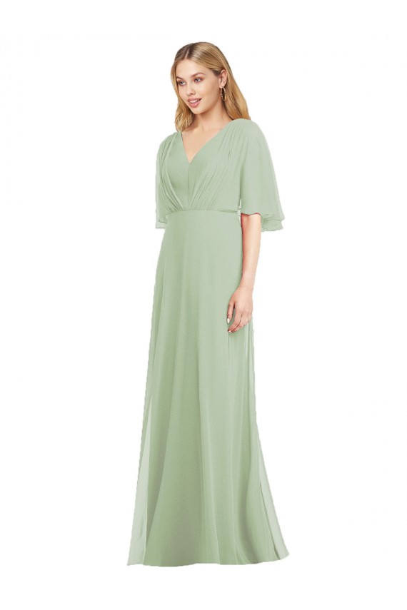 Fumo Verde Trombeta Decote V Chiffon Longo Vestidos de Madrinha