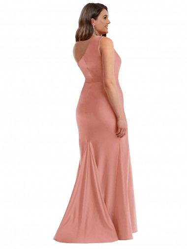 Geórgia Pêssego Sereia Um Ombro Cetim Sedoso Longo Formais Vestidos de Madrinha / Vestidos de Festa