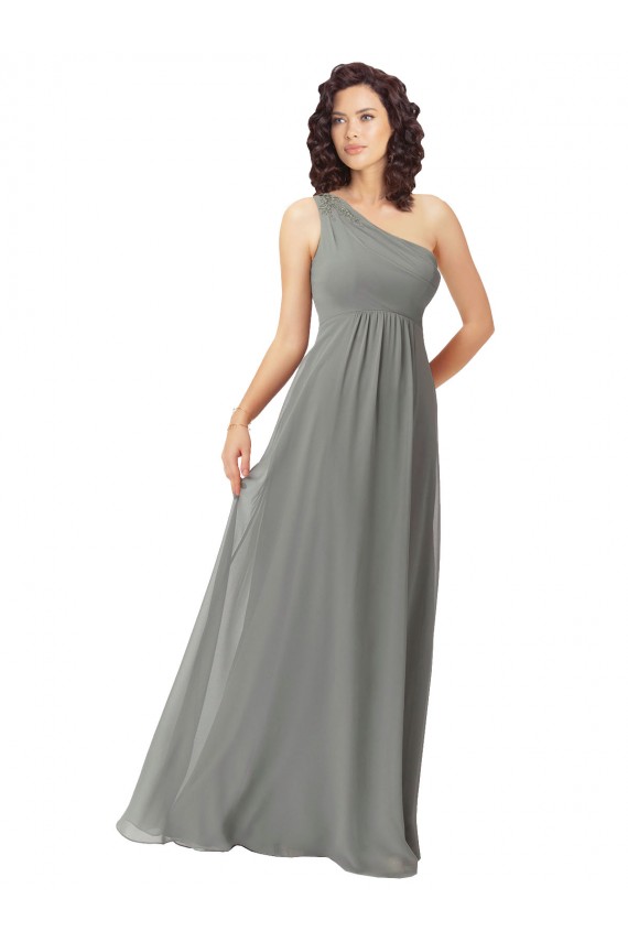 Glicínias Linha A Um Ombro Chiffon Longo Vestidos de Madrinha Acessíveis