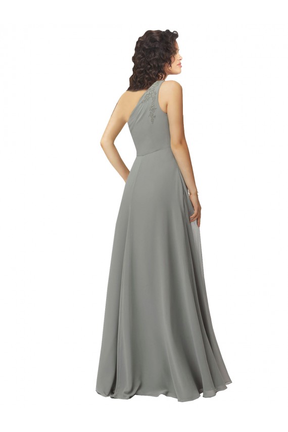 Glicínias Linha A Um Ombro Chiffon Longo Vestidos de Madrinha Acessíveis