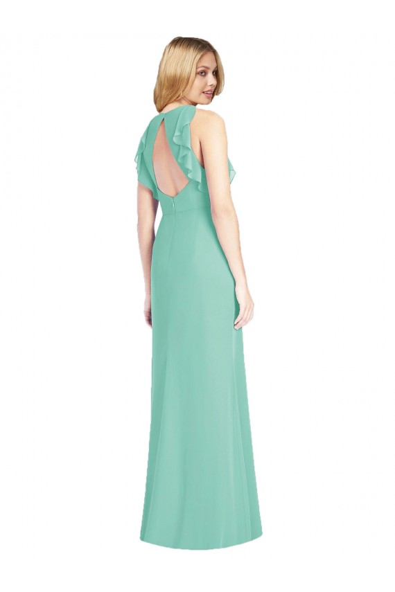 Jade Sereia Decote Joia Chiffon Longo Vestidos de Madrinha Acessíveis