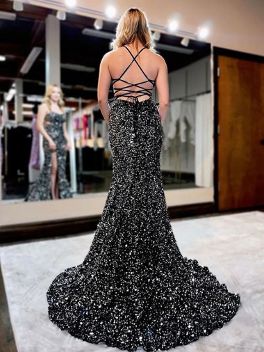 Lantejoulas Veludo Bainha Alças finas Longo Lantejoulas Veludo Vestidos de Festa