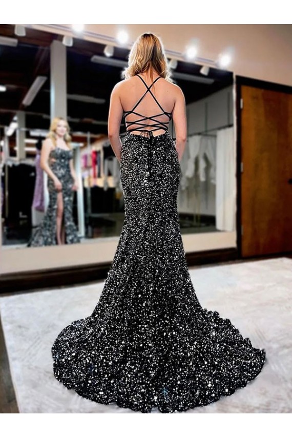 Lantejoulas Veludo Bainha Alças finas Longo Lantejoulas Veludo Vestidos de Festa Acessíveis