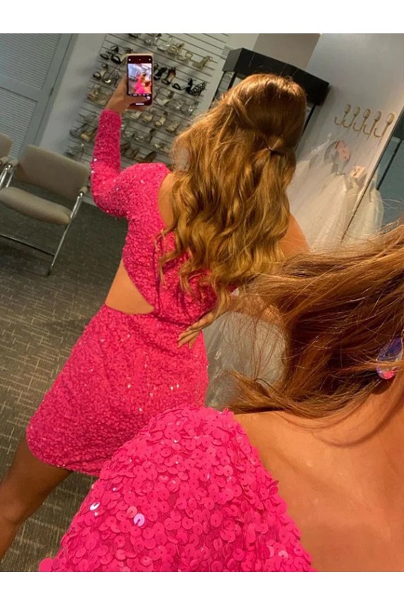 Lantejoulas Veludo Bainha Mangas Compridas Um Ombro Curto Lantejoulas Veludo Vestidos de Festa Acessíveis