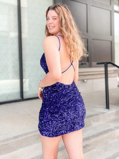 Lantejoulas Veludo Bainha Sem Mangas Decote V Curto Lantejoulas Veludo Vestidos de Festa / Vestidos de Baile