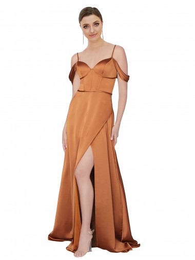 Laranja Linha A Alças finas Cetim Sedoso Longo Formais Vestidos de Madrinha / Vestidos de Festa