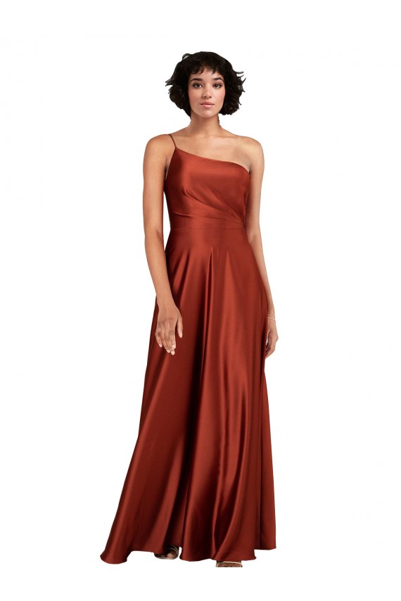 Laranja Queimada Linha A Um Ombro Cetim Sedoso Longo Formais Vestidos de Madrinha / Vestidos de Festa