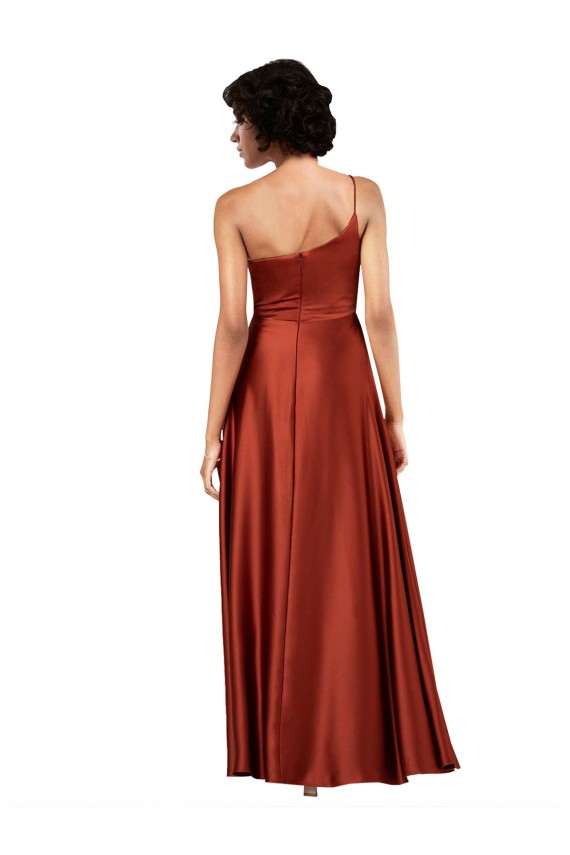 Laranja Queimada Linha A Um Ombro Cetim Sedoso Longo Formais Vestidos de Madrinha / Vestidos de Festa