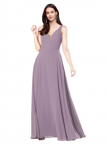 Lavanda Escura Bainha Decote V Chiffon Longo Formais Vestidos de Madrinha / Vestidos de Noite