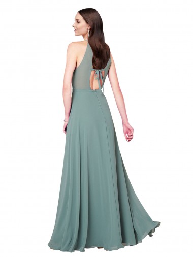 Lavanda Escura Chiffon Linha A Buraco da fechadura Cabeçada Longo Vestidos de Madrinha