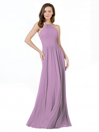 Lavanda Escura Chiffon Linha A Cabeçada Longo Vestidos de Madrinha