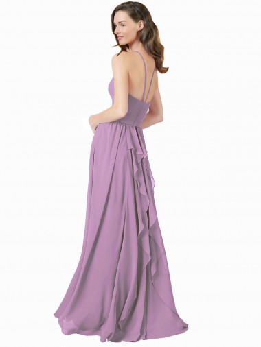 Lavanda Escura Chiffon Linha A Cabeçada Longo Vestidos de Madrinha