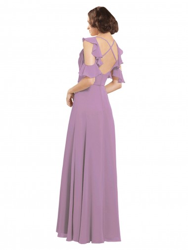 Lavanda Escura Chiffon Linha A Criss Cruz Decote Alto Longo Vestidos de Madrinha