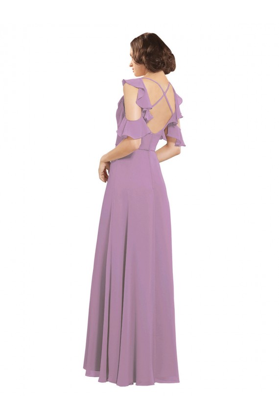 Lavanda Escura Chiffon Linha A Criss Cruz Decote Alto Longo Vestidos de Madrinha Acessíveis
