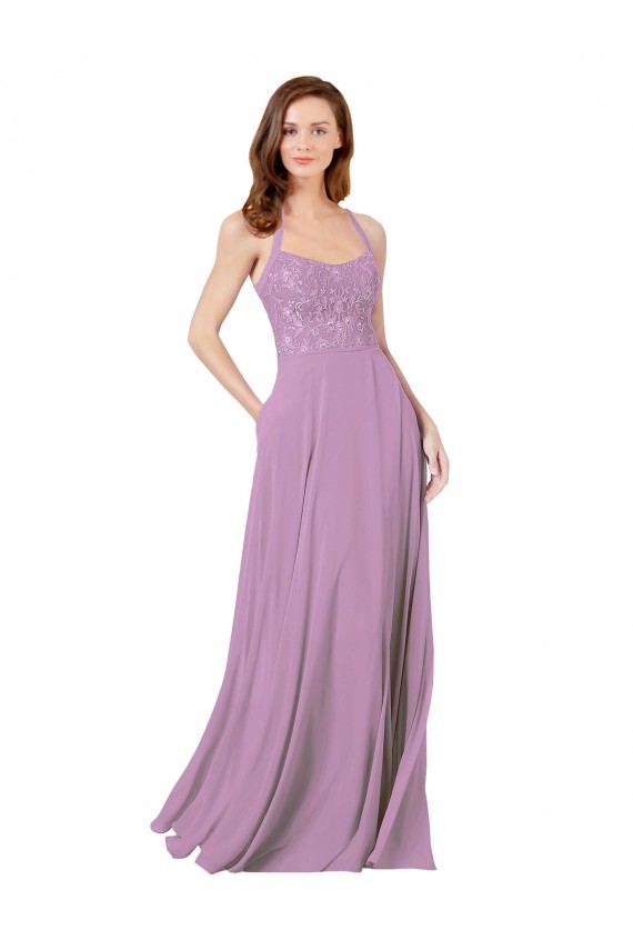 Lavanda Escura Linha A Alças finas Chiffon & Renda Longo Vestidos de Madrinha