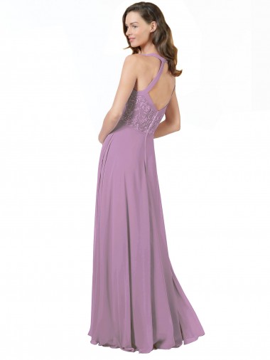Lavanda Escura Linha A Alças finas Chiffon & Renda Longo Vestidos de Madrinha