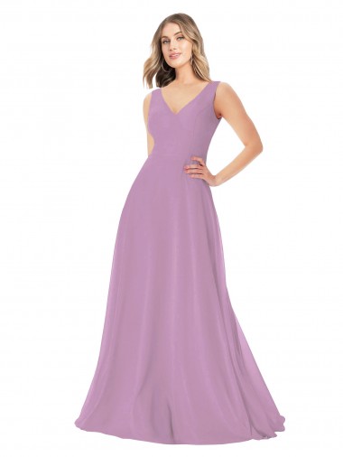 Lavanda Escura Linha A Decote V Chiffon Longo Vestidos de Madrinha