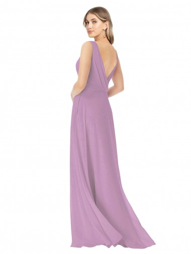 Lavanda Escura Linha A Decote V Chiffon Longo Vestidos de Madrinha