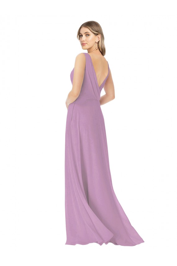 Lavanda Escura Linha A Decote V Chiffon Longo Vestidos de Madrinha Acessíveis