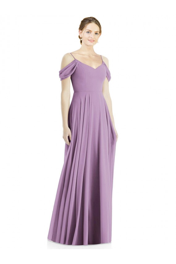 Lavanda Escura Linha A Fora do Ombro Chiffon Longo Vestidos de Madrinha Acessíveis