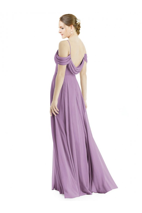 Lavanda Escura Linha A Fora do Ombro Chiffon Longo Vestidos de Madrinha Acessíveis
